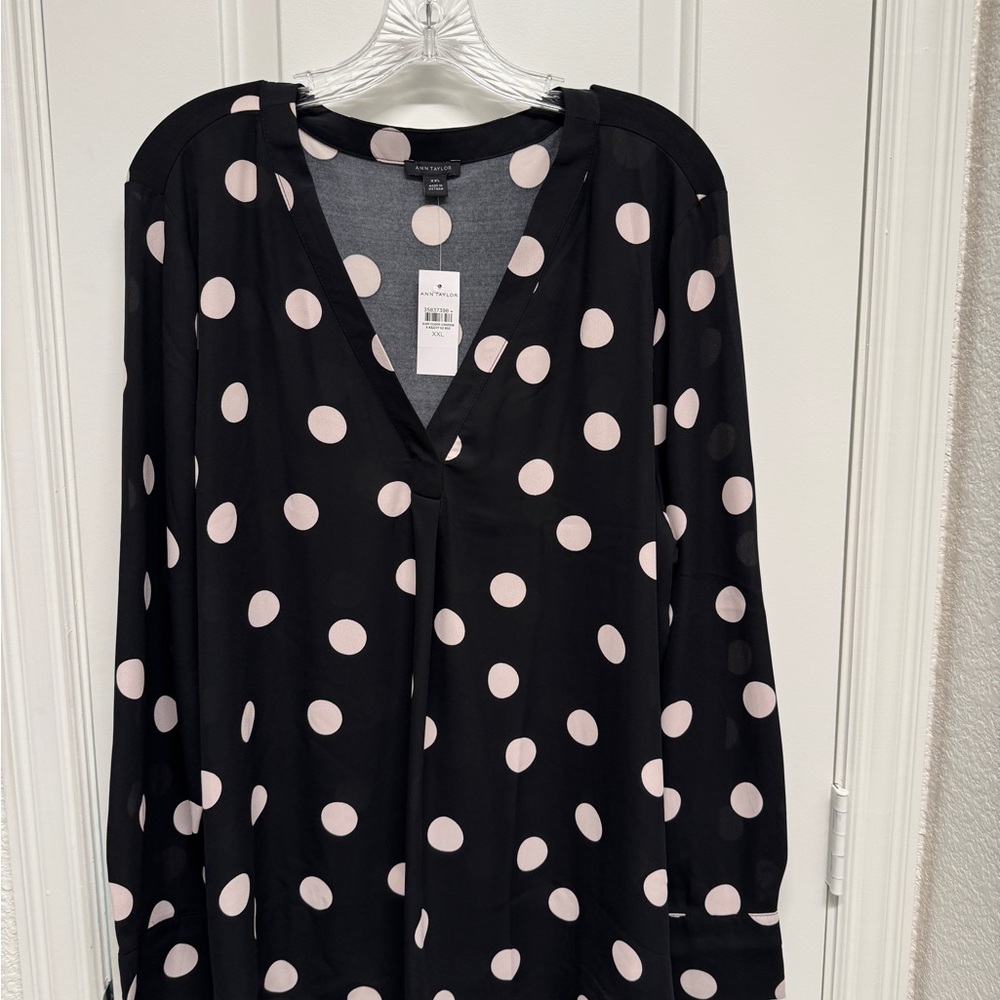 Ann Taylor Black Blouse with Cream Polka Dots